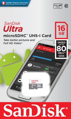 КП microSDHC (UHS-1) SanDisk Ultra 16Gb class 10 (80MB/s)/6M/ 00056261 фото