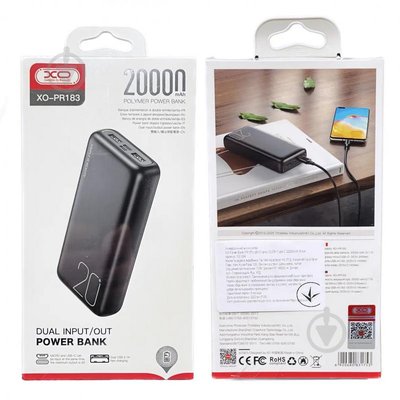 PowerBank XO PR183 Light Display 2 USB+Type-C 20000 mAh Black /3M/ 00073496 фото